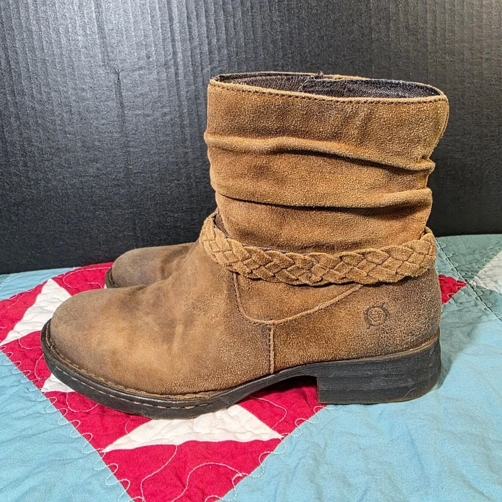 Born‎ Suede Ankle Boots Womens 6.5M Tan Brown Slouchy Distressed Braided Strap
